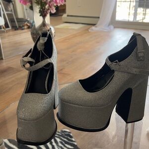 Silver Glitter Platform Mary Jane Shoes